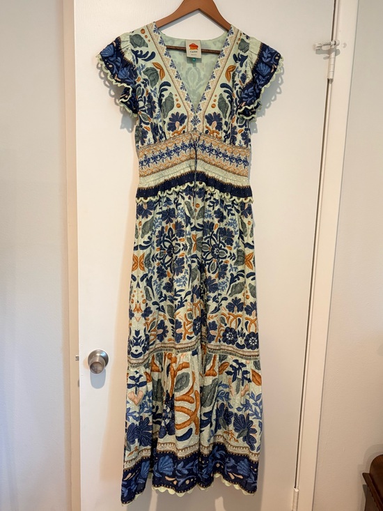 FARM Rio Dresses & Skirts - Farm Rio Tapestry Maxi Dress with Puff Sleeves - Blue & Green Ocean